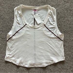 Terez Ivory WorkIt Cropped Crewneck‎ Racerback Tank Top w/Brown Piping XS